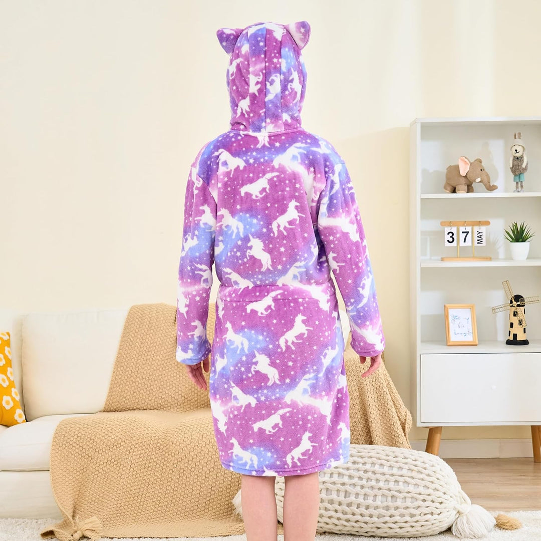 Katzen Bademantel für Mädchen Weiches Fleece Morgenmäntel mit Kapuze und Katzenohren Violettes Einho
