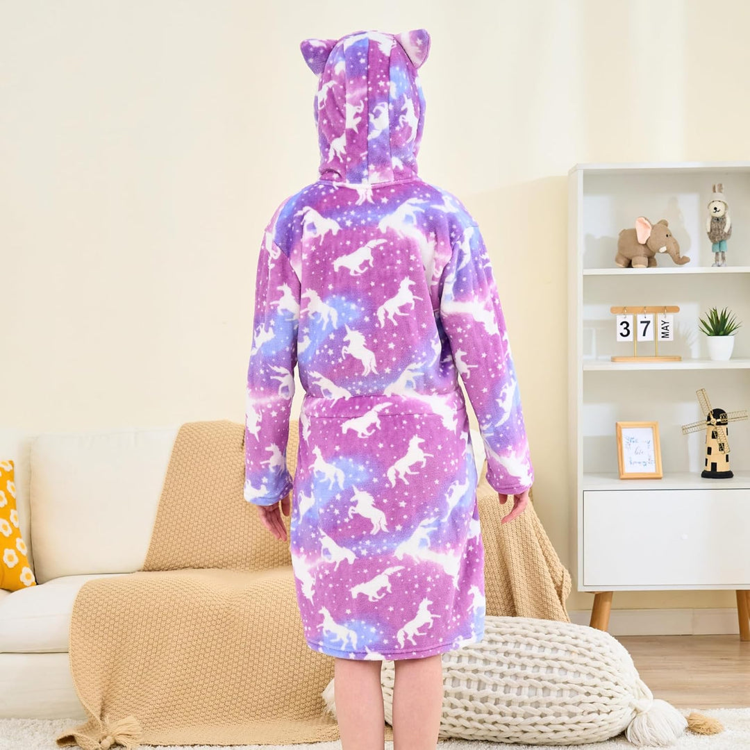 Katzen Bademantel für Mädchen Weiches Fleece Morgenmäntel mit Kapuze und Katzenohren Violettes Einho