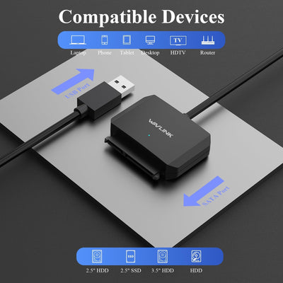 WAVLINK USB 3,0 auf SATA Adapter - inkl. 12V 2A DC-Netzteil für 2,5" oder 3,5" SSD und HDD USB zu SA