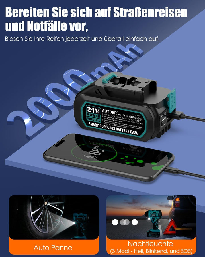 AUTDER 21V Akku Luftkompressor - 12,4 Bar/180 PSI Hochdruck Elektropumpe mit LED-Licht & Kühlsystem,