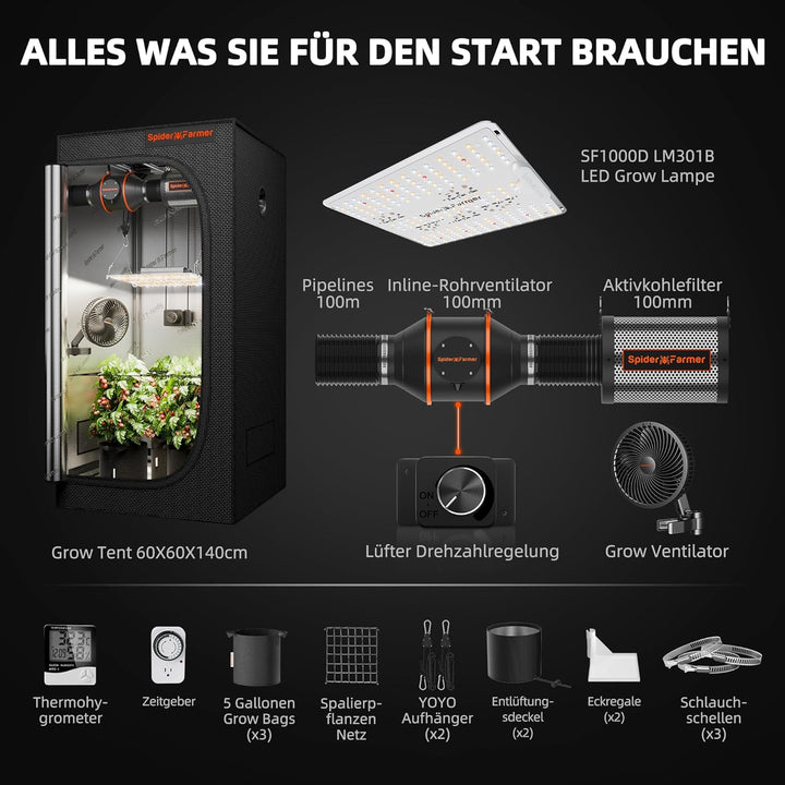 Spider Farmer SF1000D Growbox Komplettset LED Grow Lampe Vollspektrum Samsung LM301B LEDs Growzelt K