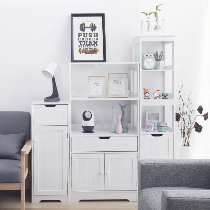 Mondeer Badschrank Schmal, Badezimmerschrank mit 1 Schubladen 1 Tür 2 Regal, 32x30x87cm Weiss MDF Ho