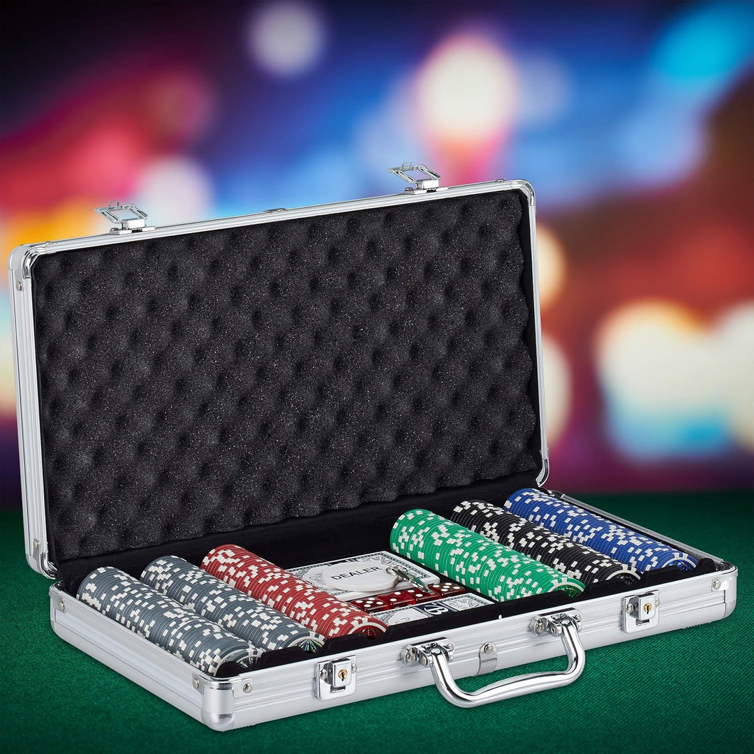 Relaxdays 10031551 Pokerkoffer, 300 Laser Pokerchips, 2 Kartendecks, 5 Würfel, Dealer Button, versch