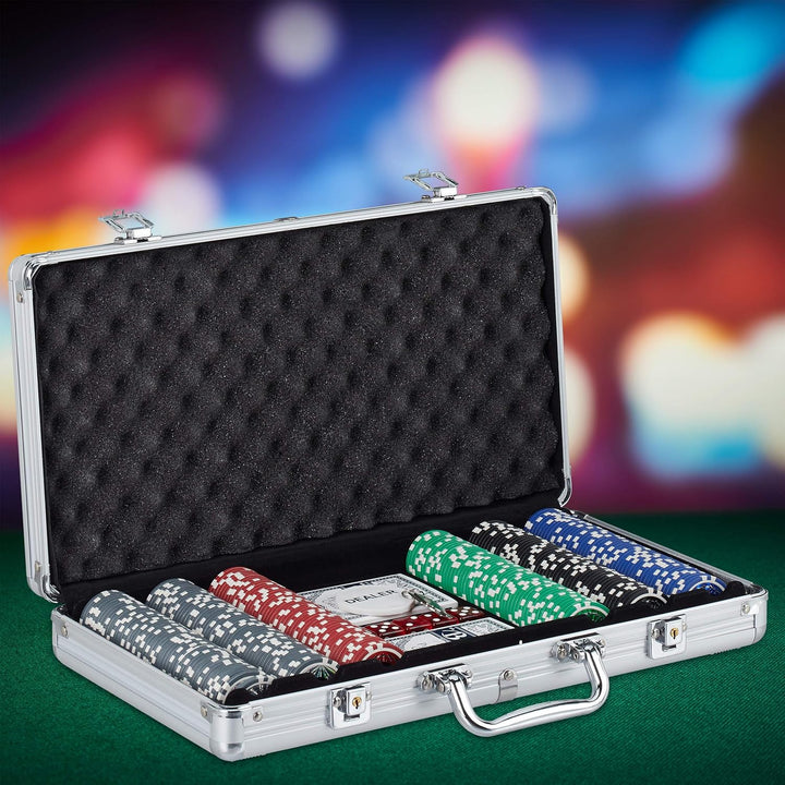 Relaxdays 10031551 Pokerkoffer, 300 Laser Pokerchips, 2 Kartendecks, 5 Würfel, Dealer Button, versch