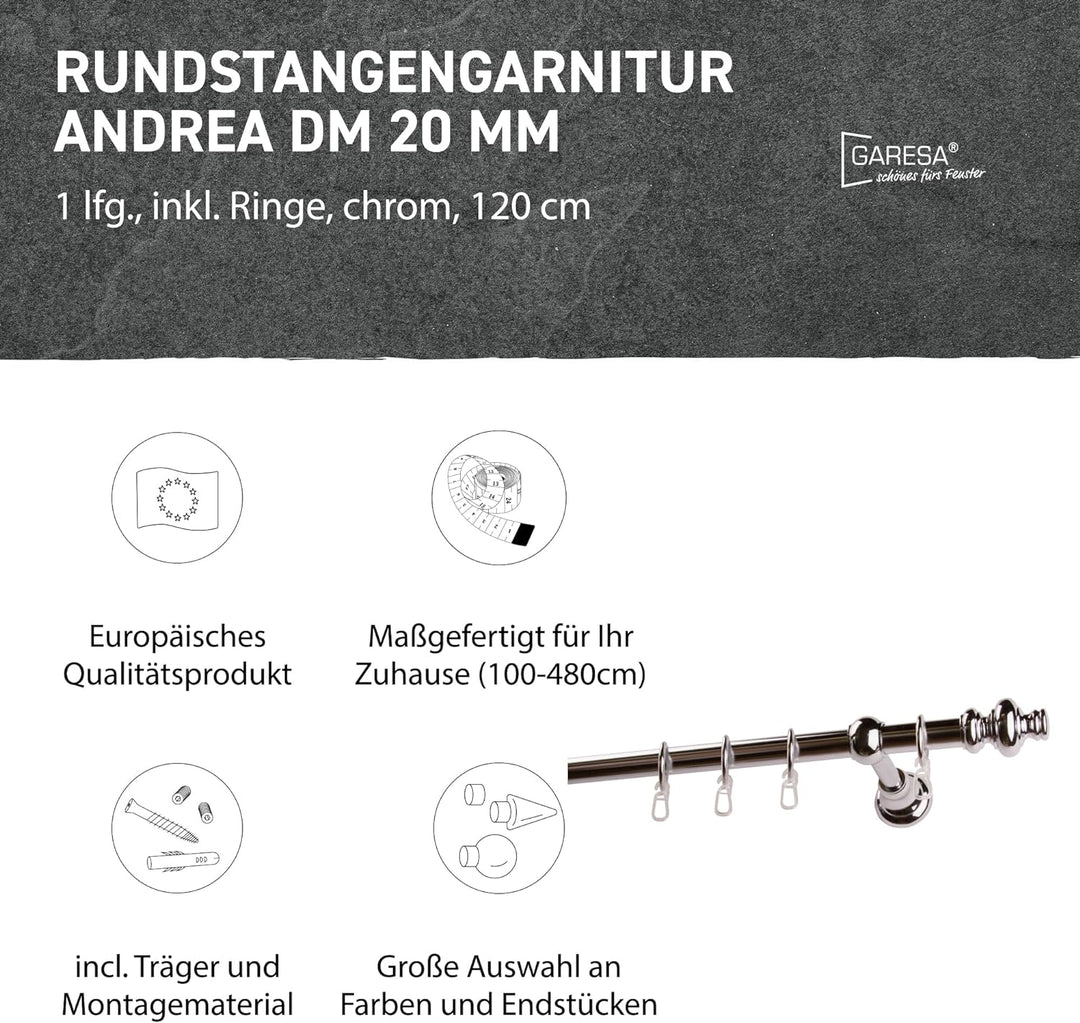 Garesa Gardinenstange Andrea Ø 20mm, 1-läufig, Chrom I Stabile Vorhangstange inkl. Ringe + Faltenleg