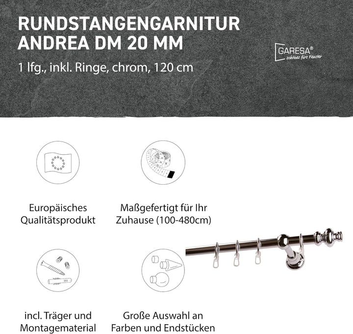 Garesa Gardinenstange Andrea Ø 20mm, 1-läufig, Chrom I Stabile Vorhangstange inkl. Ringe + Faltenleg