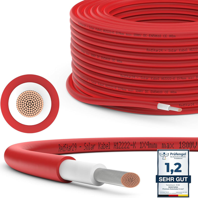 RedStar24 Premium Solarkabel 4mm² Rot - 50m - TÜV SÜD geprüft - UV-beständig, flexibel, Photovoltaik