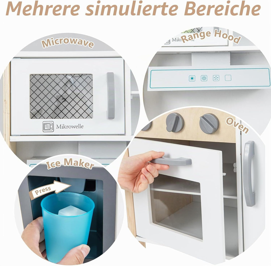 HOMASIS Spielküche mit 18 Zubehör, Kinderküche Holz, Spielzeugküche mit Spüle Herd Backofen Mikrowel