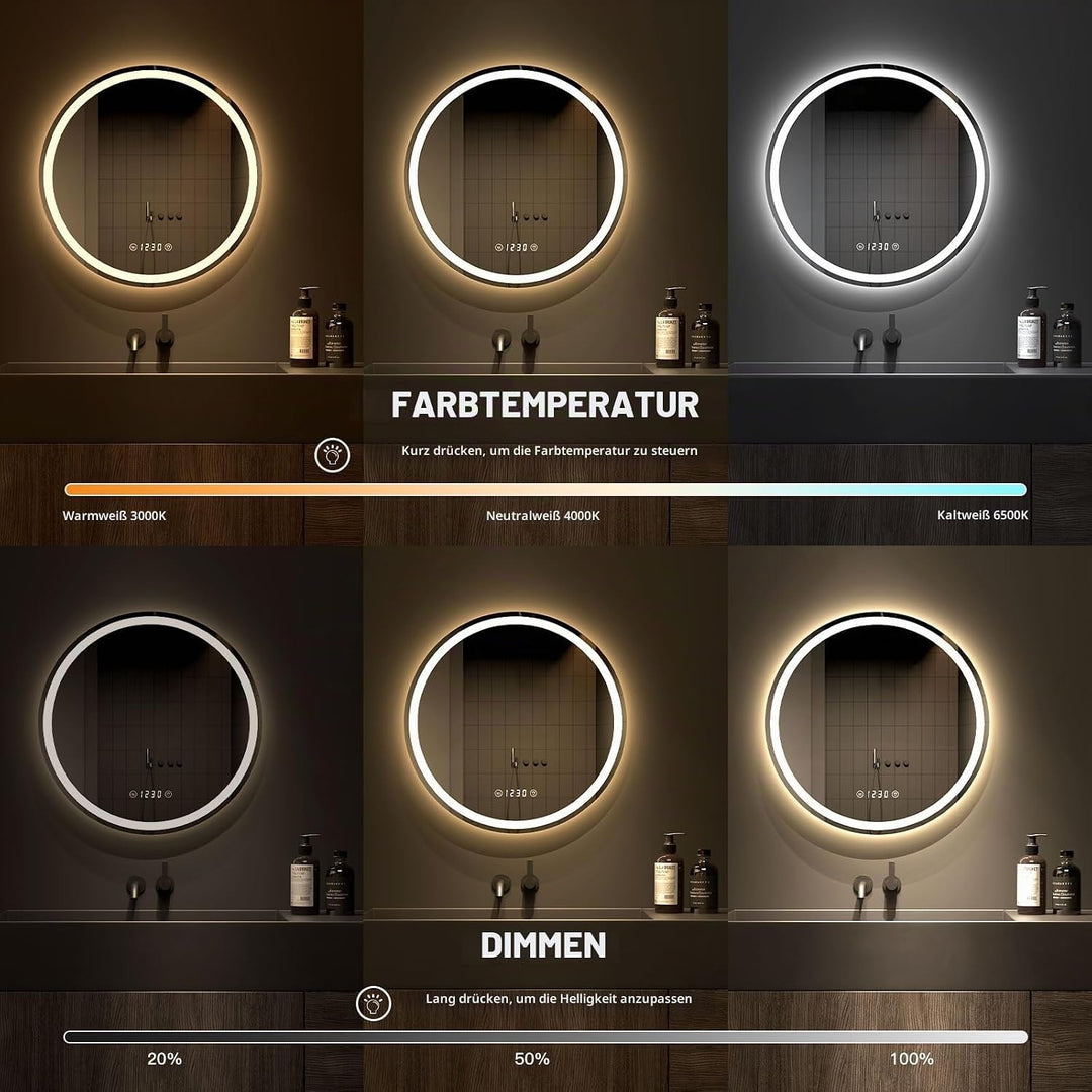 Dripex Badspiegel mit Beleuchtung Rund Led Spiegel mit Uhr und Touch-Schalter, Dimmbar, 3 Lichtfarbe