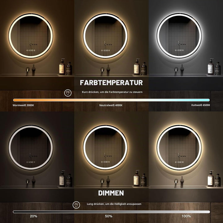 Dripex Badspiegel mit Beleuchtung Rund Led Spiegel mit Uhr und Touch-Schalter, Dimmbar, 3 Lichtfarbe
