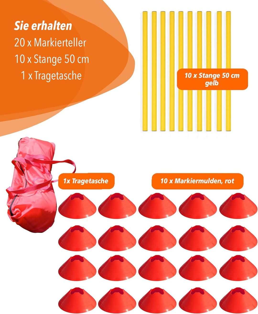 Cavaletti Mini-Hürden 10er Set – Markiermulden Rot & gelbe 50cm Stangen – inkl. Tragetasche – sicher