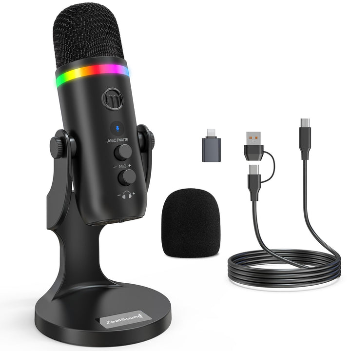 zealsound USB Mikrofon für PC iPhone, Plug &amp; Play RGB Podcast Mikrofon mit Rauschunterdrückung &amp; Stu