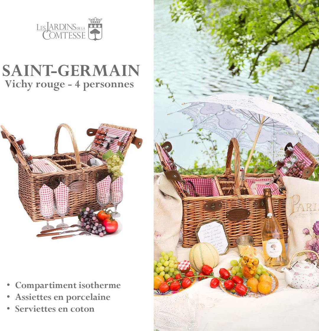 Picknickkorb Saint-Germain rotkariert aus dunkler Weide - Korb mit Fach für eine Flasche - für 4 Per