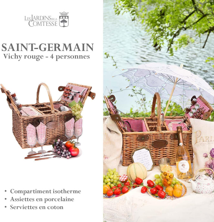 Picknickkorb Saint-Germain rotkariert aus dunkler Weide - Korb mit Fach für eine Flasche - für 4 Per