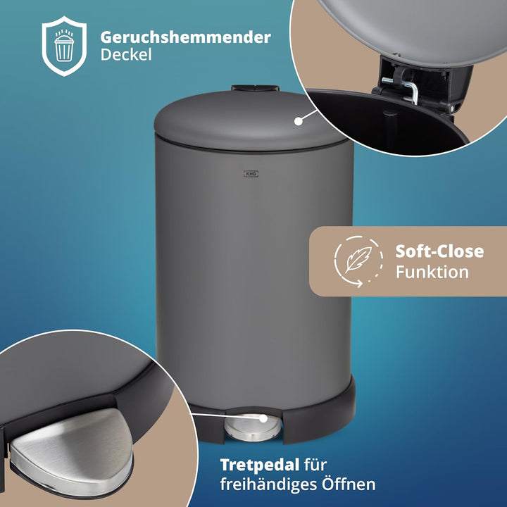 KHG Mülleimer 20 L Grau mit Softclose-Deckel & Tretfunktion - Pulverbeschichteter Metall-Abfalleimer
