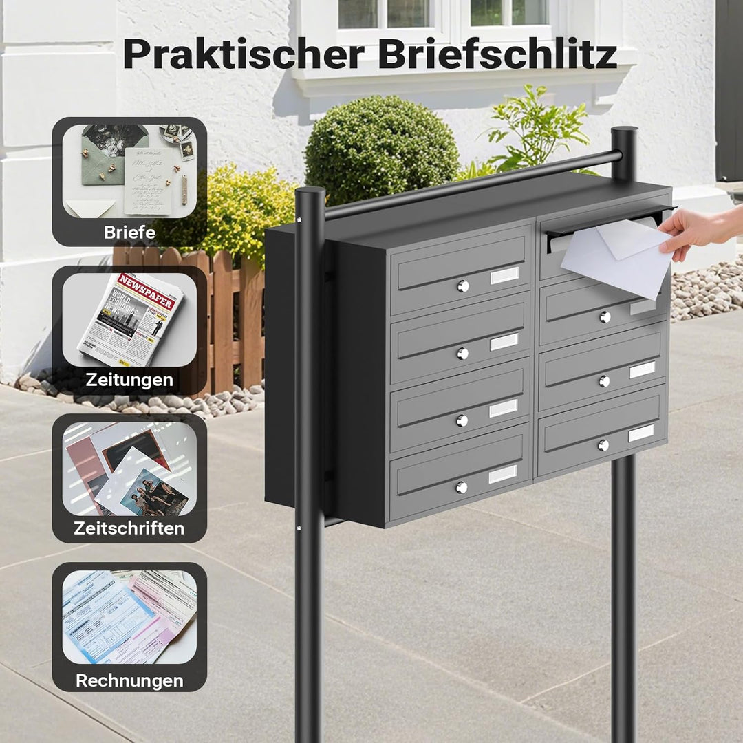 Wiltec 8er Briefkastenanlage schwarz 945 x 270 x 1500 mm, Standbriefkasten mit 2x4 Fächern, Schlüsse