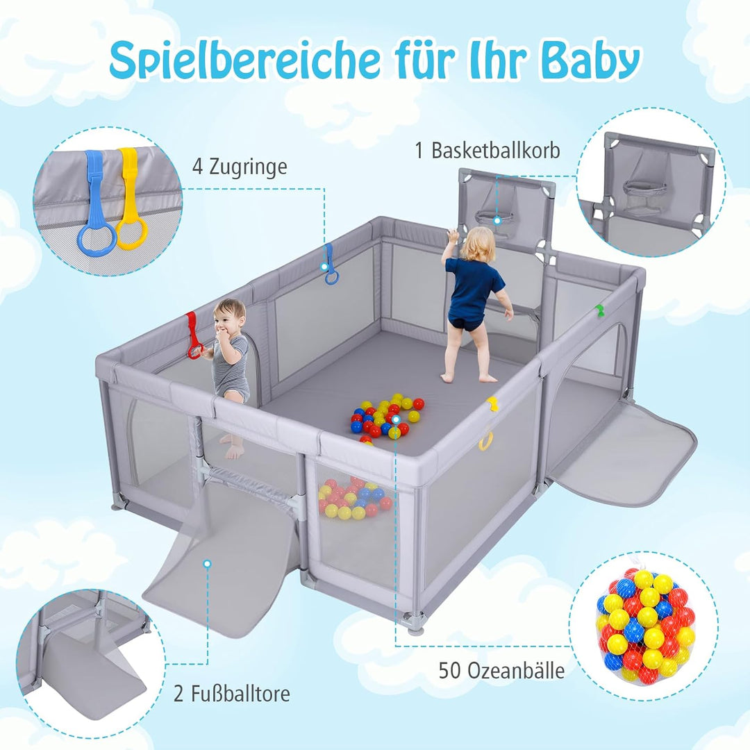 DREAMADE Laufstall baby, Laufgitter mit Matratze & Basketballkorb & Zugring, Schutzgitter mit Rutsch