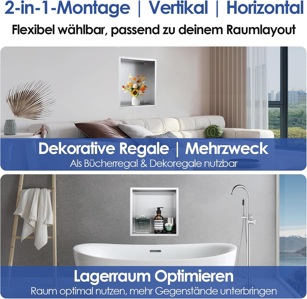 ROVOGO 30x30x10cm Wandnische Dusche Edelstahl 304, Eingebettete Duschnische Einzelregal Lagerung für