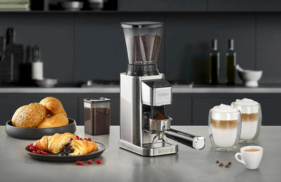 CASO BaristaChef Inox - elektrische Kaffeemühle, langlebiges Edelstahl-Kegelmahlwerk, mit Siebträger