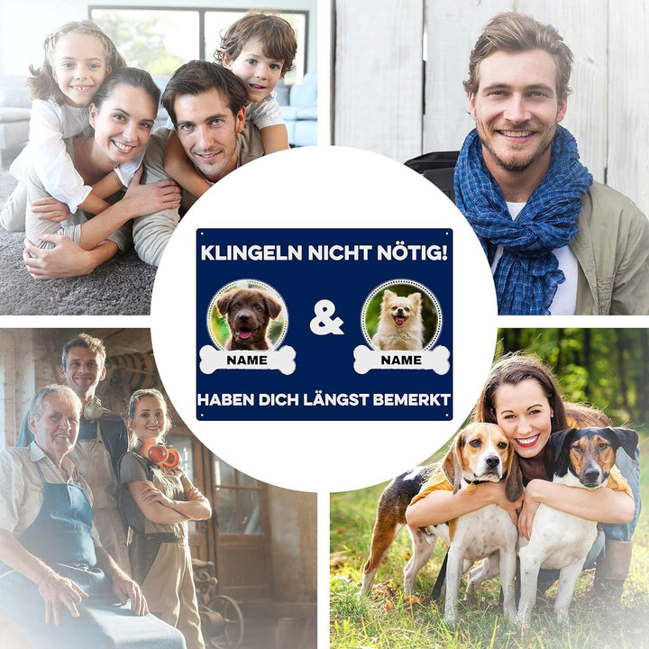 Hunde Schild personalisiert - Klingeln nicht nötig - Metallschild mit Foto und Name für aussen, wett