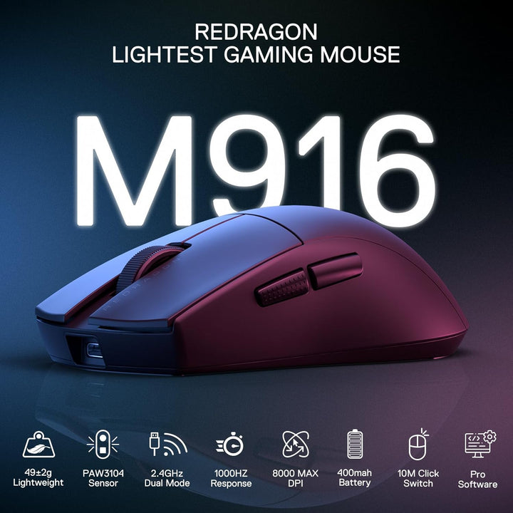 Redragon M916 Kabellose Gaming Maus, 49G Ultra-Light 8K DPI 2.4G Kabellose Gaming-Maus mit ergonomis