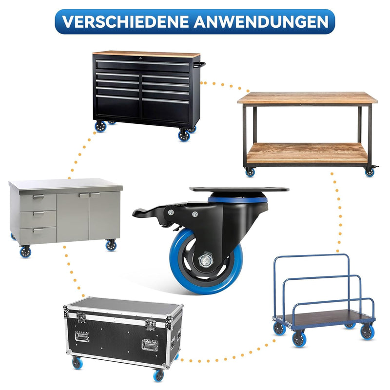 BAOLIHUI 75mm Blaue Lenkrollen 4pcs-Set Möbelrollen bis 500KG, 360° Drehung Schwerlastrollen mit Bre