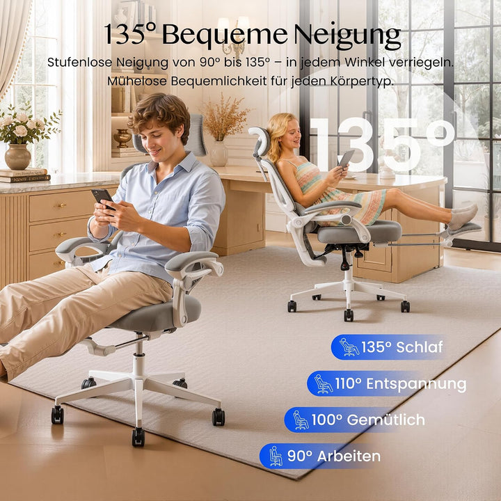 FLEXISPOT Ergonomischer Bürostuhl mit Fussstütze, X-förmiger Schreibtischstuhl mit 135°-Neigung, Gek