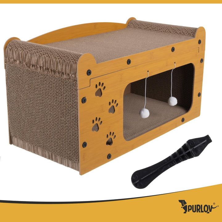 Purlov Katzen Kratzhaus 3-in-1 mit 2 Ebenen – HDF & extra Feste Wellpappe, Liegeplatz + Kratzfläche