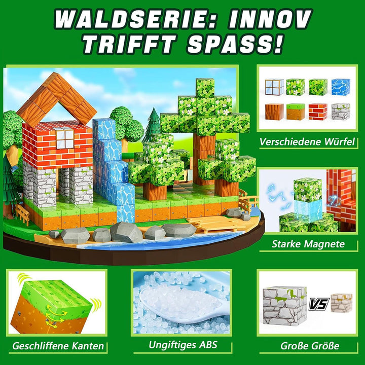 Magnetische Bausteine 150 Stück, Magnetbausteine Set mit 6 Minenarbeiter Figuren & 20 Aufklebern, 3D