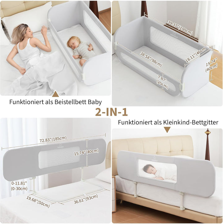 Rausfallschutz Bett Reise 185cm, 2-IN-1 Funktion als Baby Beistellbett und Bettgitter Baby, Rausfall