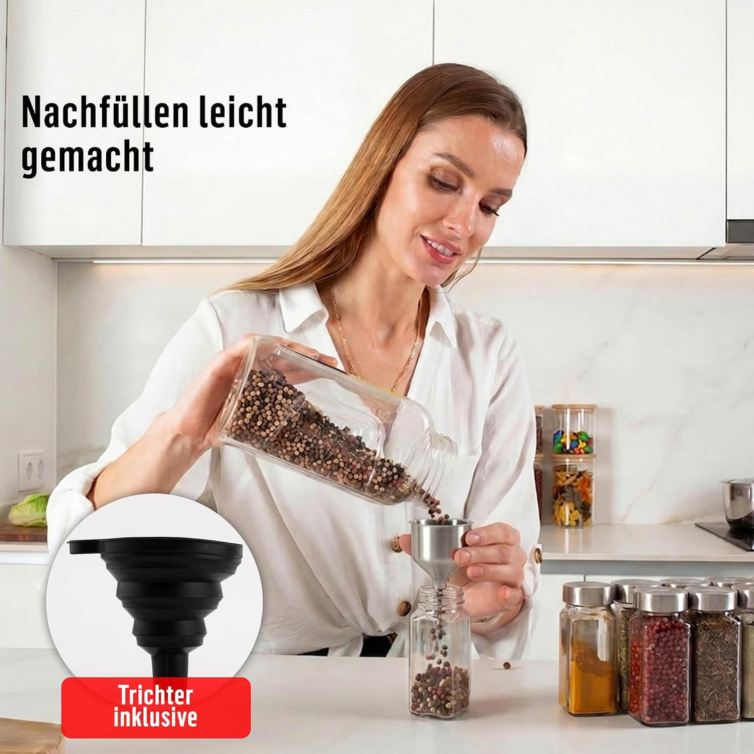 Deco haus® Gewürzgläser eckig mit Schraubkappe 24er Set [+Etiketten & Streueinsatz] - Gewürzdosen Se