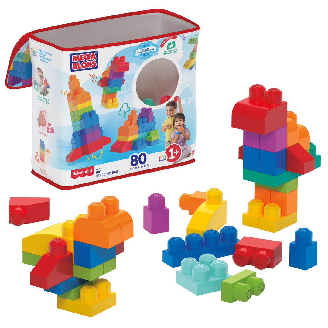 MEGA BLOKS Fisher-Price Bausteine für Kleinkinder, grosser Bausteinebeutel mit 80 Teilen und Aufbewa