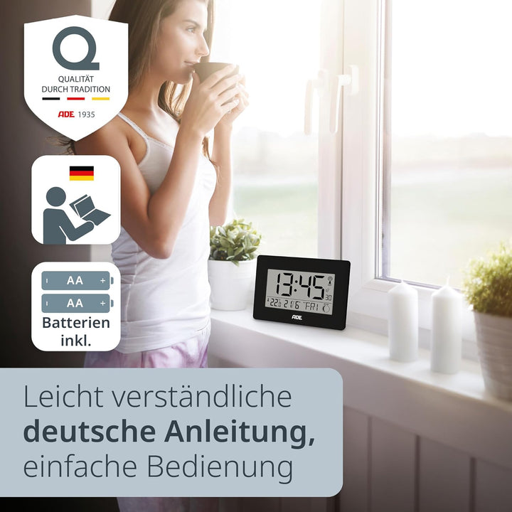 ADE Grosse Funkuhr digital mit XXL-Ziffern | Tischuhr mit Kalender und Wochentag | Digitale Uhr mit