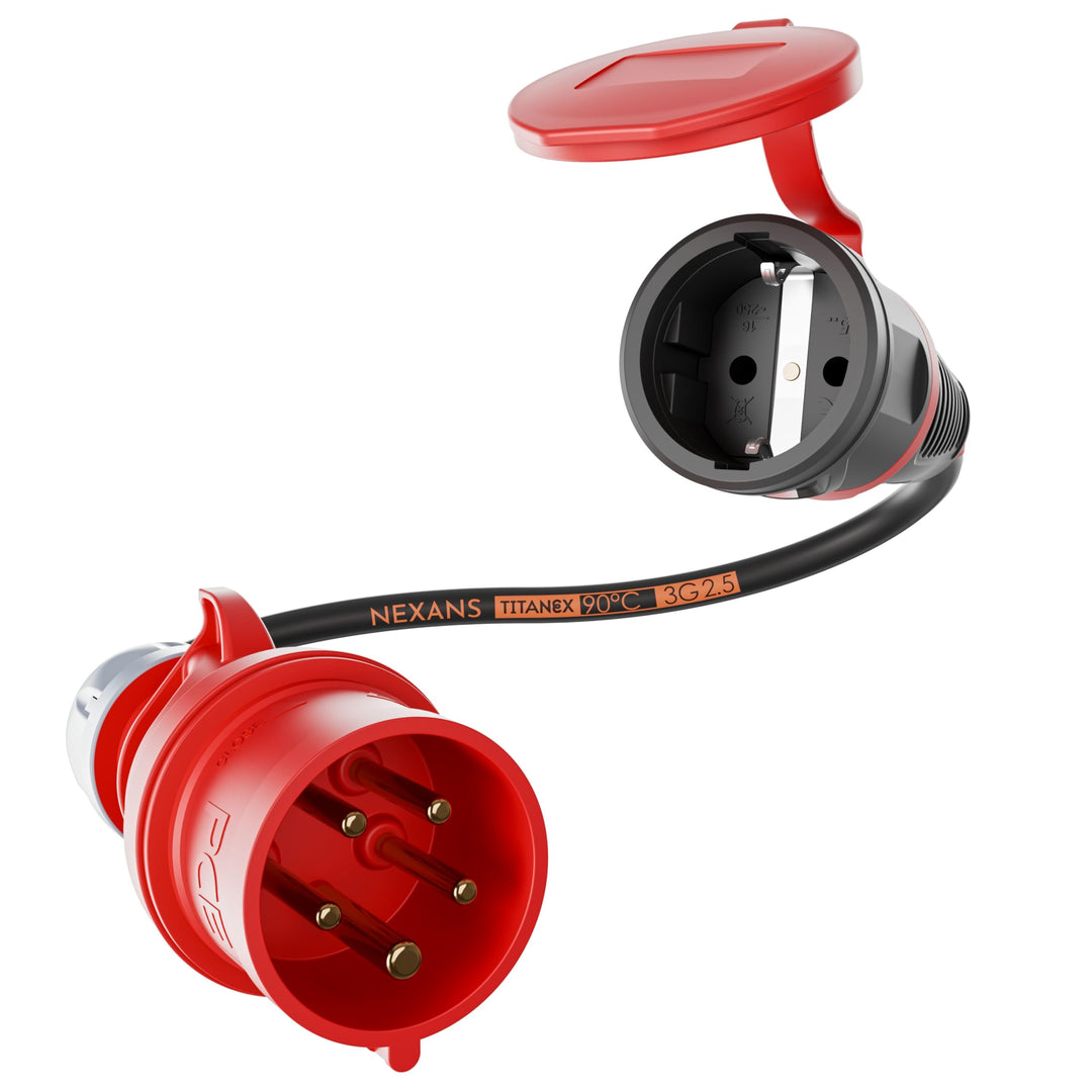 NWP Adapter 16A 400V Stecker Starkstrom auf 230V Schuko Kupplung - IP44-3x2,5mm² Gummischlauchleitun