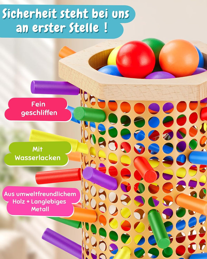 Montessori Spielzeug ab 3 4 5 6 Jahren - Holz Brettspiel mit bunten Antirutsch-Stäbchen, Ball & Würf