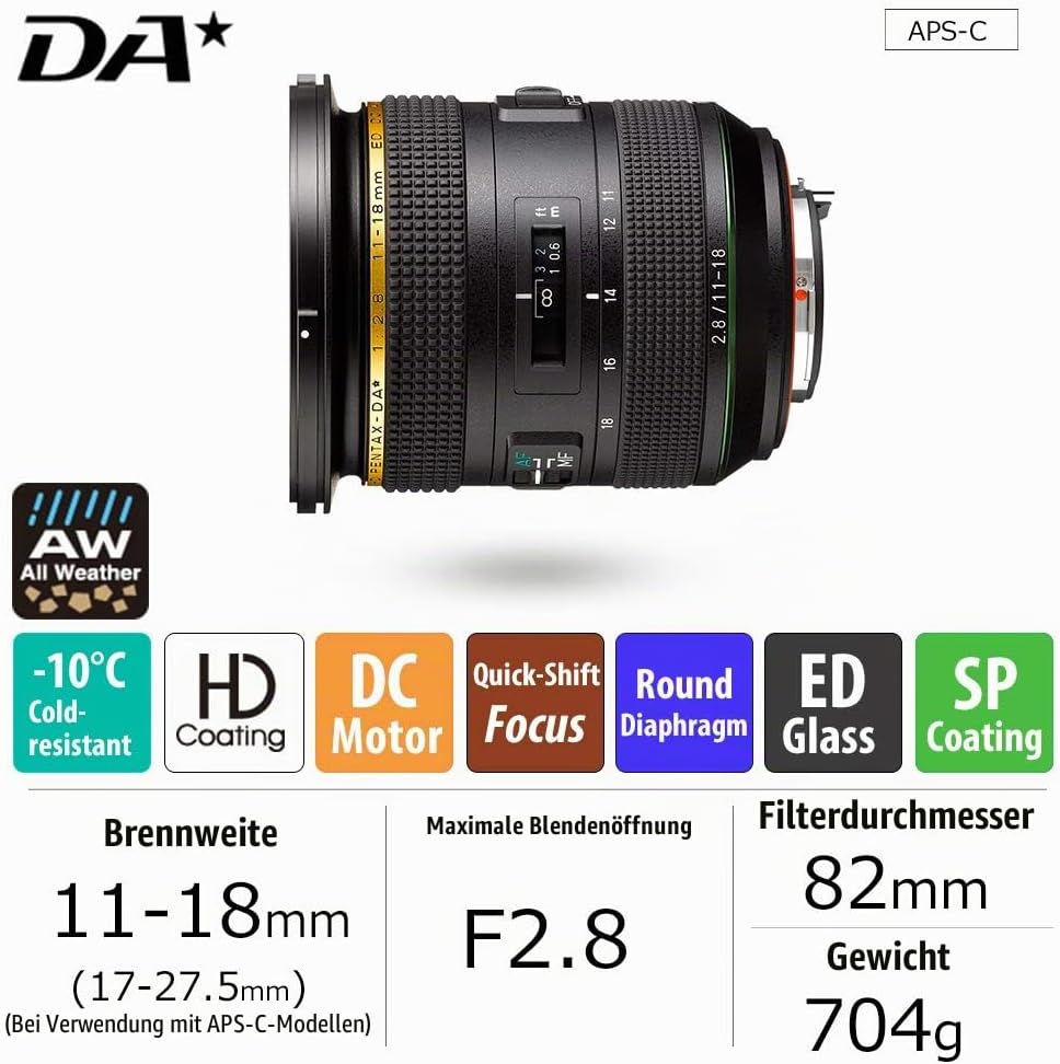 HD PENTAX-DA* 11-18 mmF2.8ED DC AW Ultraweitwinkel-Zoomobjektiv 17-27,5 mm (entspricht 35 mm-Format)