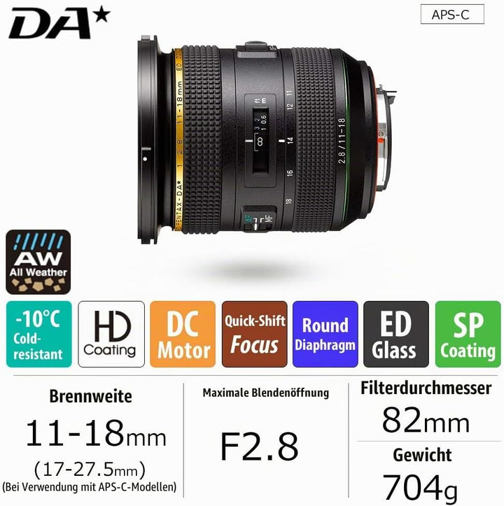 HD PENTAX-DA* 11-18 mmF2.8ED DC AW Ultraweitwinkel-Zoomobjektiv 17-27,5 mm (entspricht 35 mm-Format)