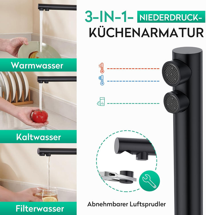 CREA Niederdruck Armatur Küche, 3 Wege Wasserhahn Küche, 360° Drehbar Küchenarmatur, 3 in 1 Mischbat