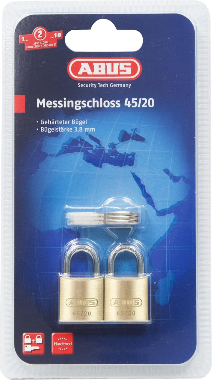 ABUS Vorhängeschloss 45/20 aus Messing - 2er Set - für Spinde, Werkzeugkisten, Koffer - 11819 - ABUS