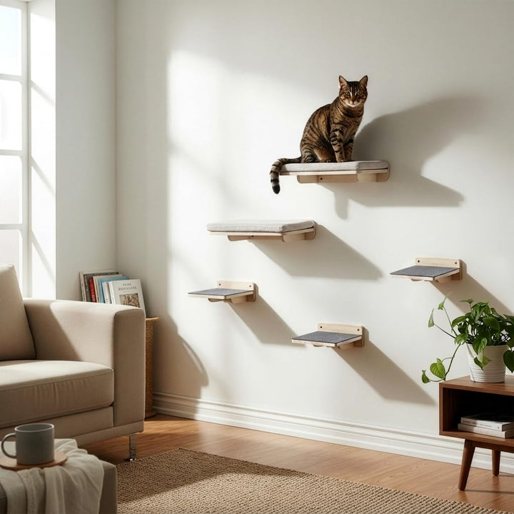 WOOWOOD® 2X Kletterwand Katzen - 3X Katzentreppe Wand [Beste Stabilität] - Kratzbaum Wand, Hängematt