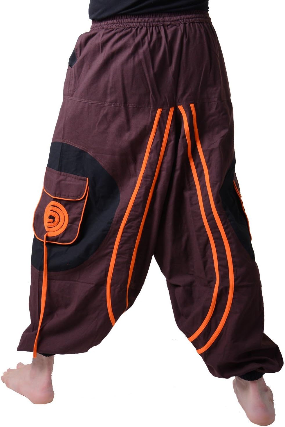 KUNST UND MAGIE Herren Hippie Haremshose mit Goa Spiral Muster S-M Braun / Orange, S-M Braun / Orang