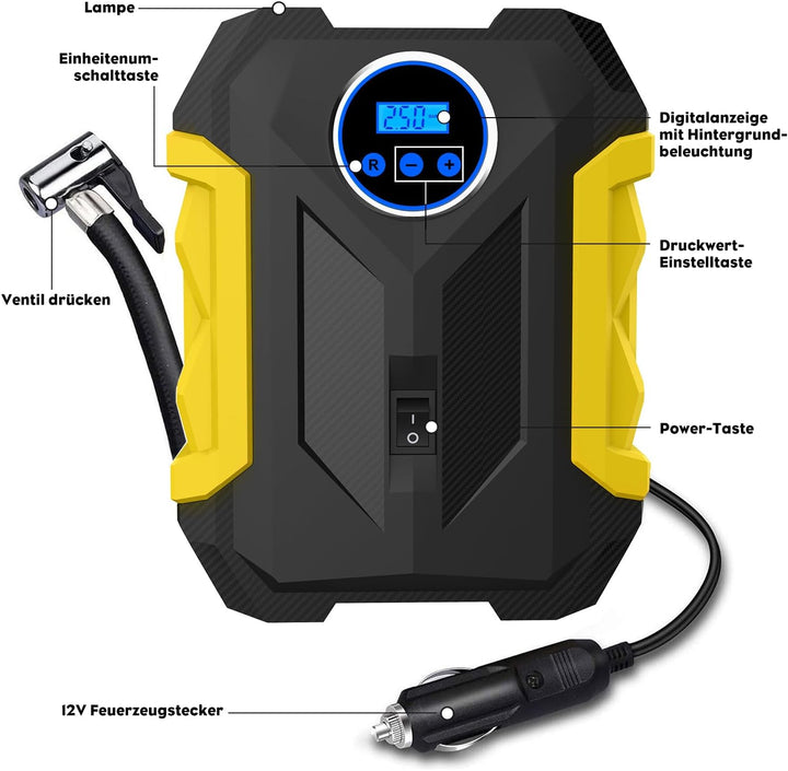 CARSUN Luftpumpe Auto,12V Mobiler Kompressor Auto,150PSI Autoreifen Pumpe mit Reifendruckmesser und