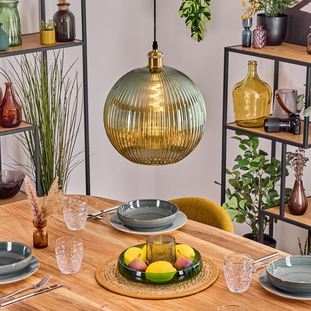 HOFSTEIN Hängeleuchte Koyoto, 1-flammige Hängelampe aus Metall/Riffelglas in Gold/Grün, moderne Pend