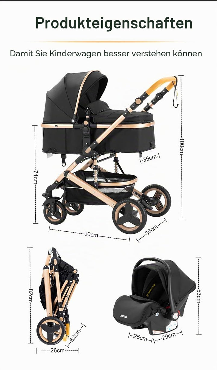 YAZOCO kinderwagen 3 in 1 Buggy Babybett Komplett Set Einem Klick Zusammenklappbarer Kinderwagen, Ko