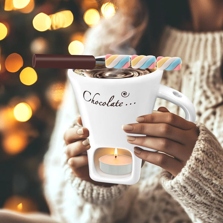 Schokofondue Tasse, 200ml Schokoladen Fondue Becher Set, Keramik Schokoladenfondue Set, mit Gabel un