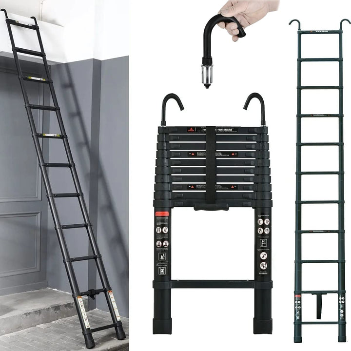 3,2M Teleskopleiter mit Haken, Aluminium Ausziehleiter Hohe Mehrzweckleiter, 150 kg/330 Pfund Belast