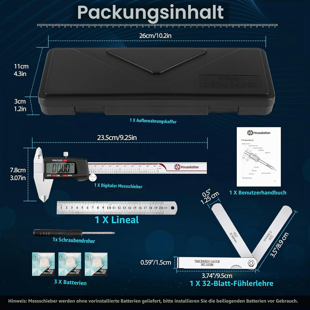 Housolution Digitaler Messschieber 6 Zoll, Messschieber mit grossem LCD-Bildschirm, Zoll/MM, 4 Messw
