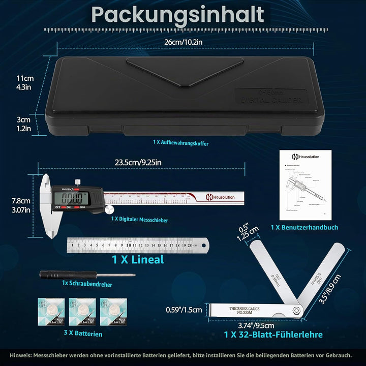 Housolution Digitaler Messschieber 6 Zoll, Messschieber mit grossem LCD-Bildschirm, Zoll/MM, 4 Messw