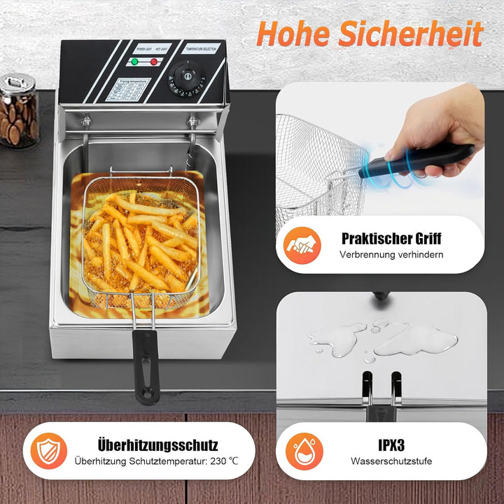 6L 2500W ÖL-Friteuse aus Edelstahl, Elektrische Fritteuse mit stufenlose Temperatureinstellung(60-20