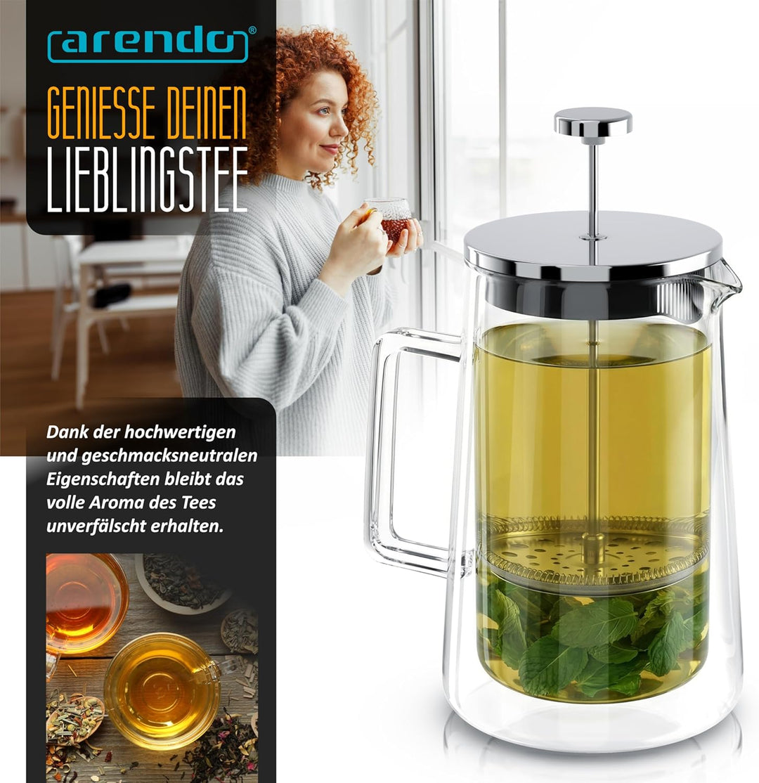 Arendo - French Press 1 Liter – Kaffeepresse - Thermo Doppelwand Design - aus Glas - Kaffeebereiter